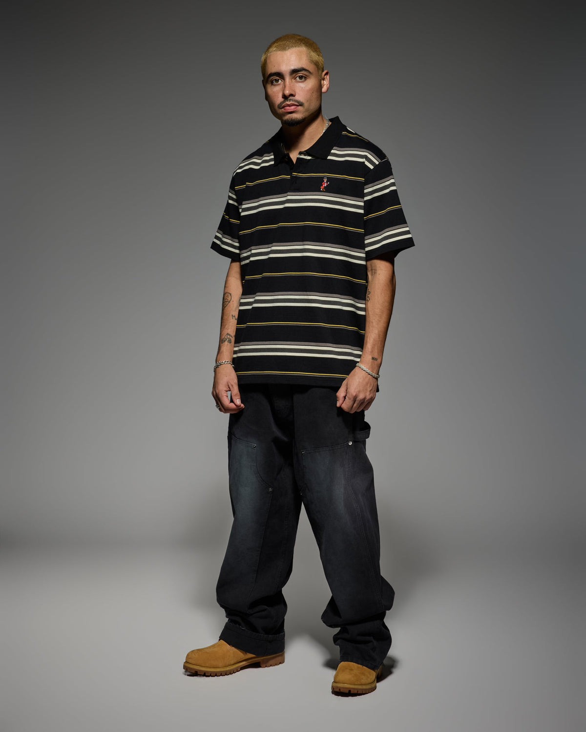 CHARLIE BROWN POLO SHIRT: BLACK / GOLD / CREAM
