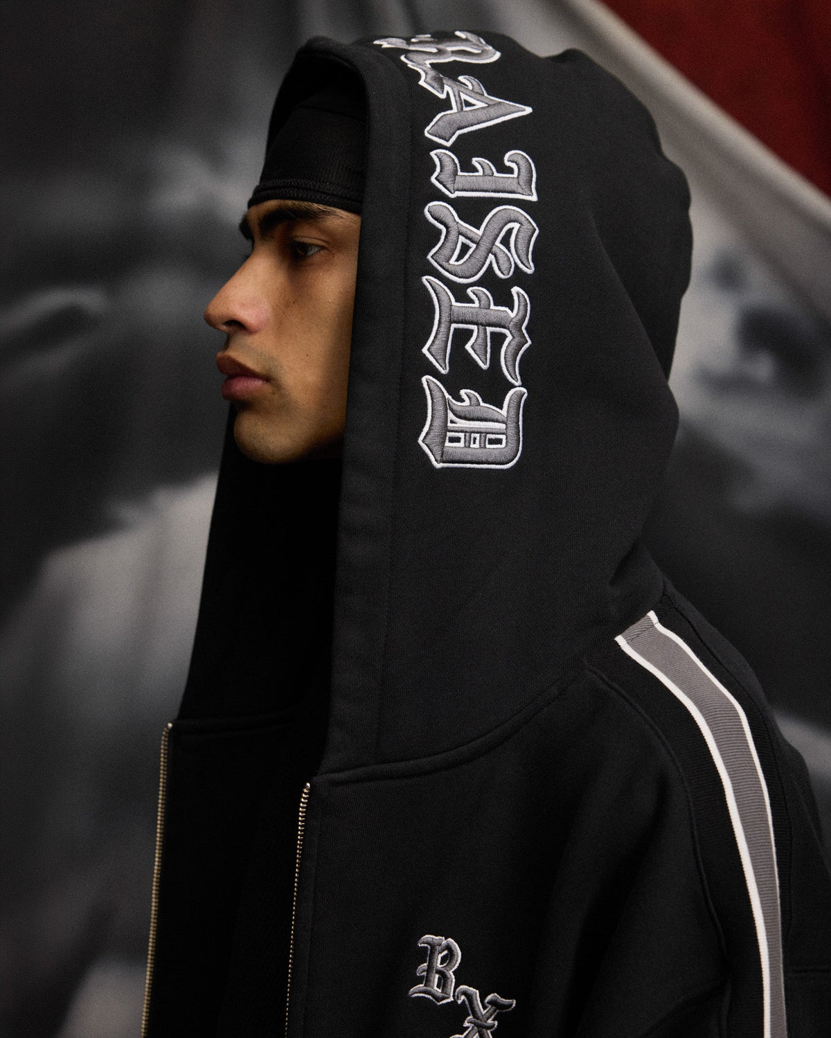 SPORT STRIPE ZIP-UP HOODIE: BLACK